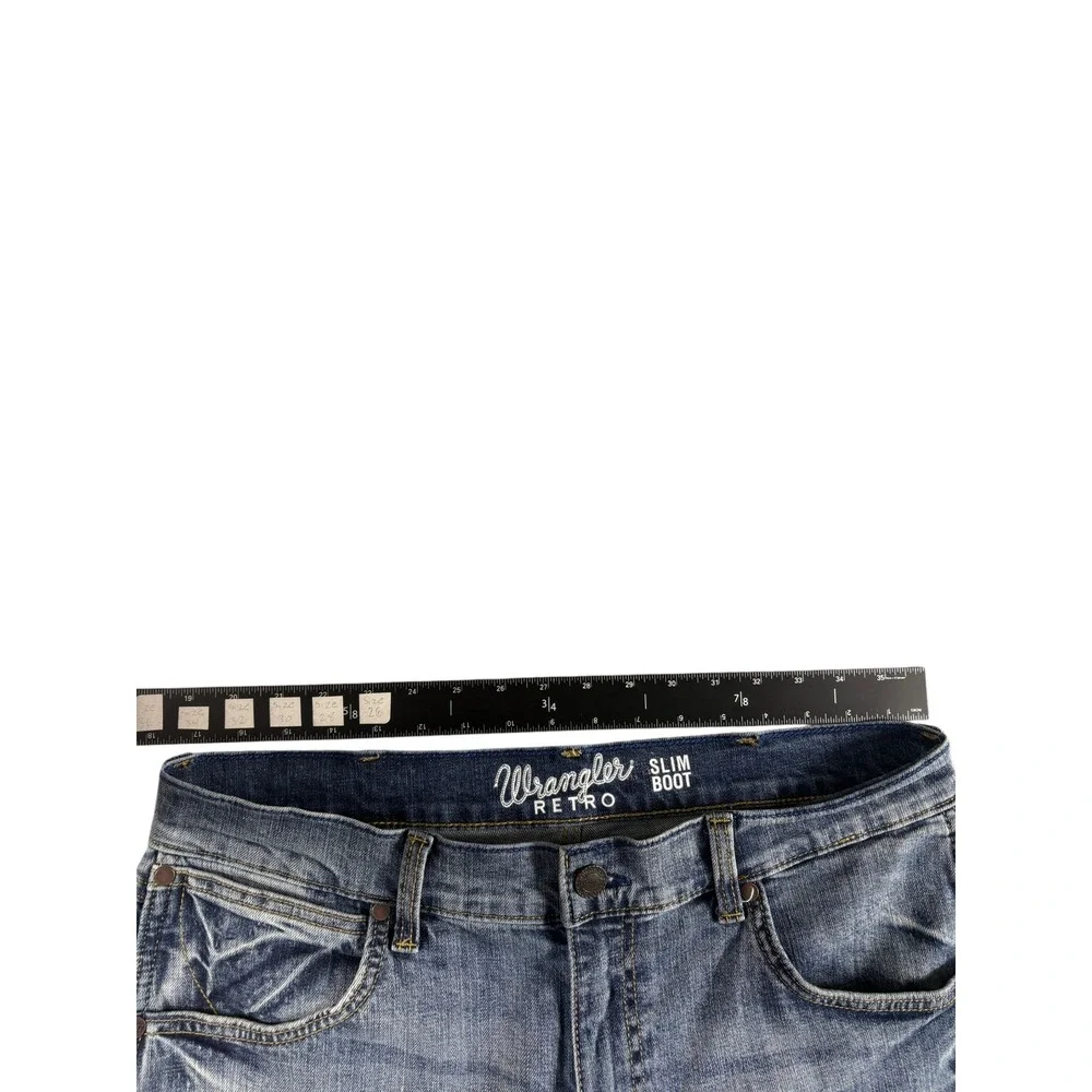 Wrangler Retro Slim Bootcut Jeans Mens 34x30 Blue Washed Faded Rugged 1077MWZGL